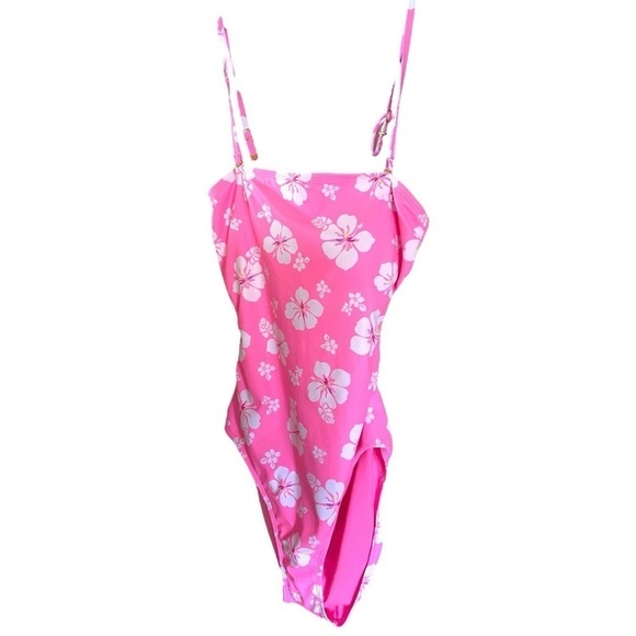 Pink Hibiscus Cut-Out One Piece Swimsuit Juniors Size Large 11-12 Never Worn - Picture 3 of 10